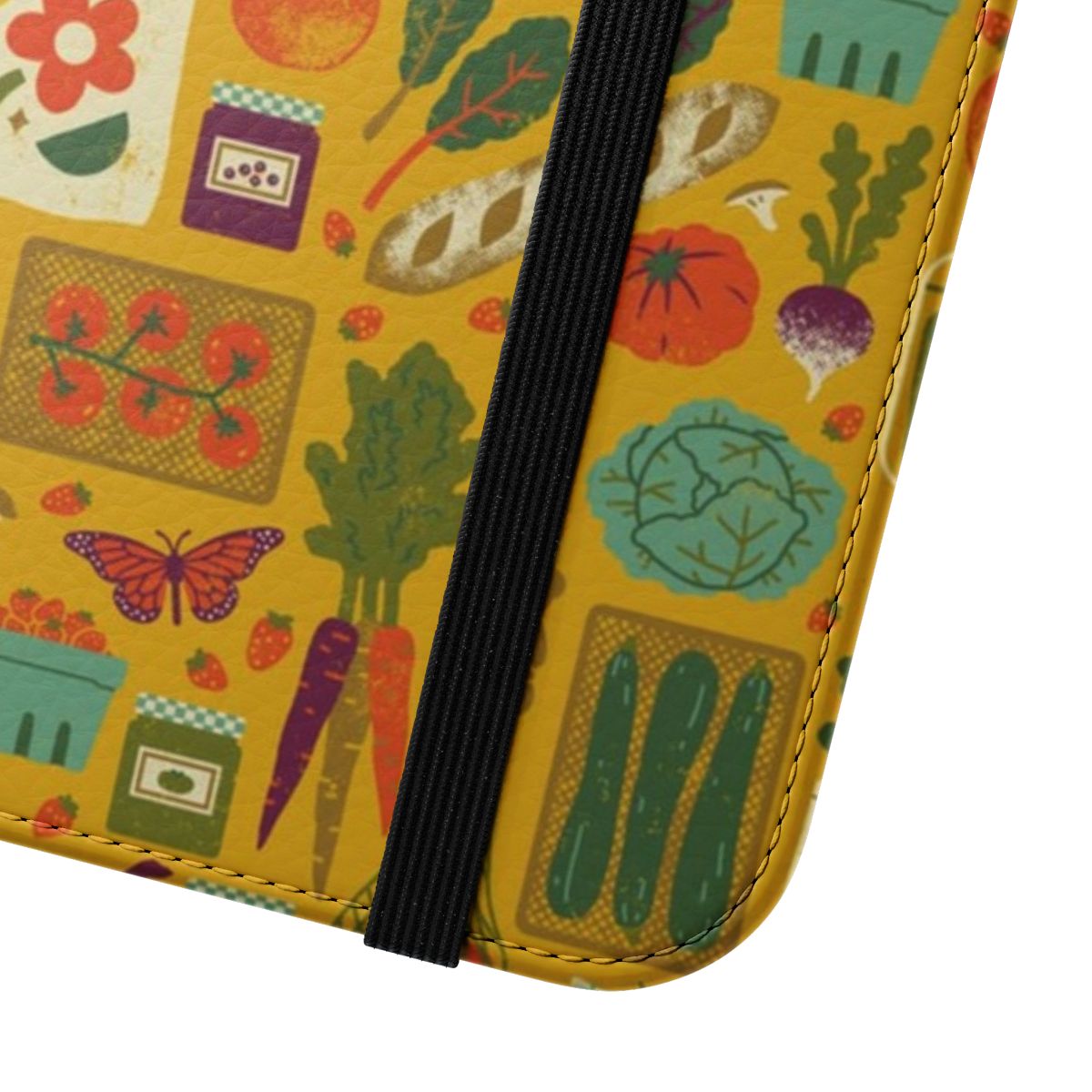 A colorful phone case featuring illustrations of farmers market produce, flowers, and nature elements. - Close Up