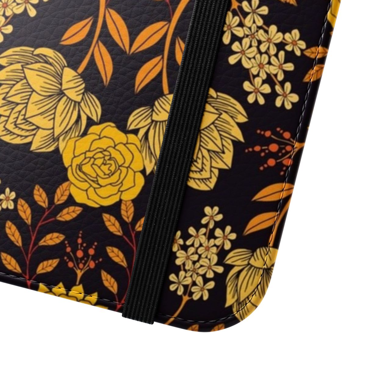 Vibrant floral pattern phone case in shades of yellow, orange, and navy blue - Close Up