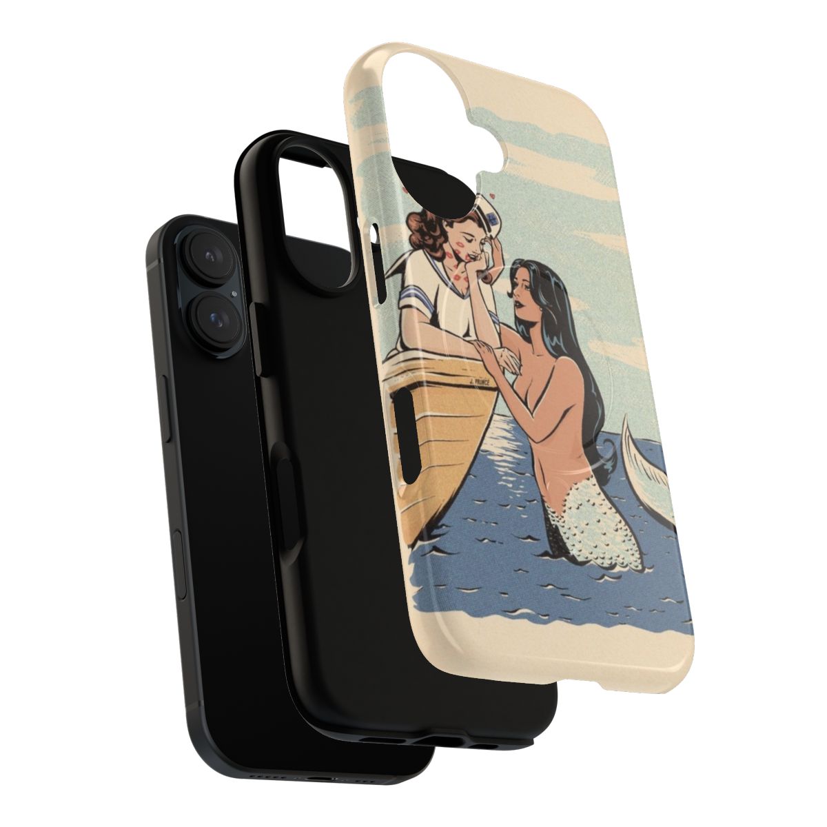 Vintage-inspired, retro-style phone case with magnetic closure and tough protection, featuring mermaid and sailor art for LGBTQ+ fans. - Layers