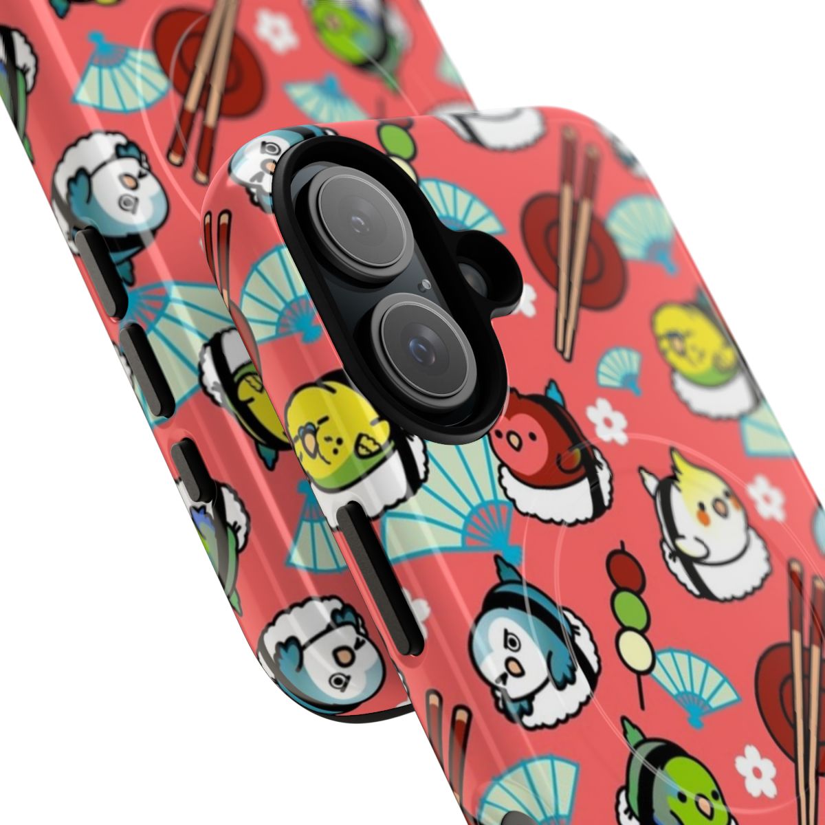 Vibrant phone case featuring a lovebird and sushi design - Detail