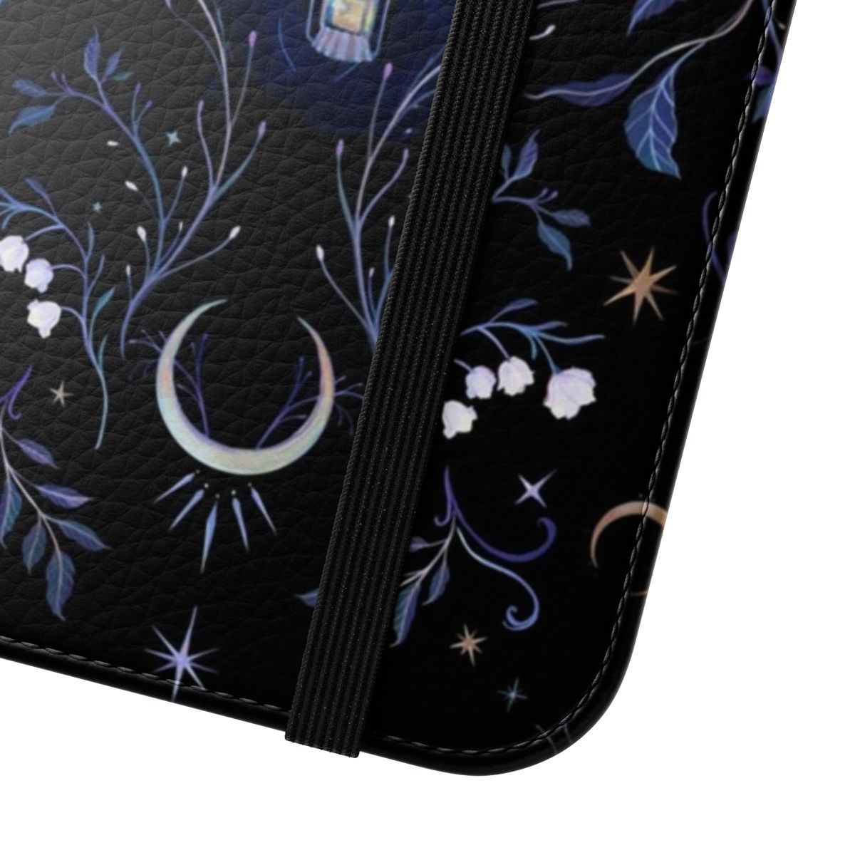 Whimsical phone case featuring a full moon, owl, and botanical elements - Close Up