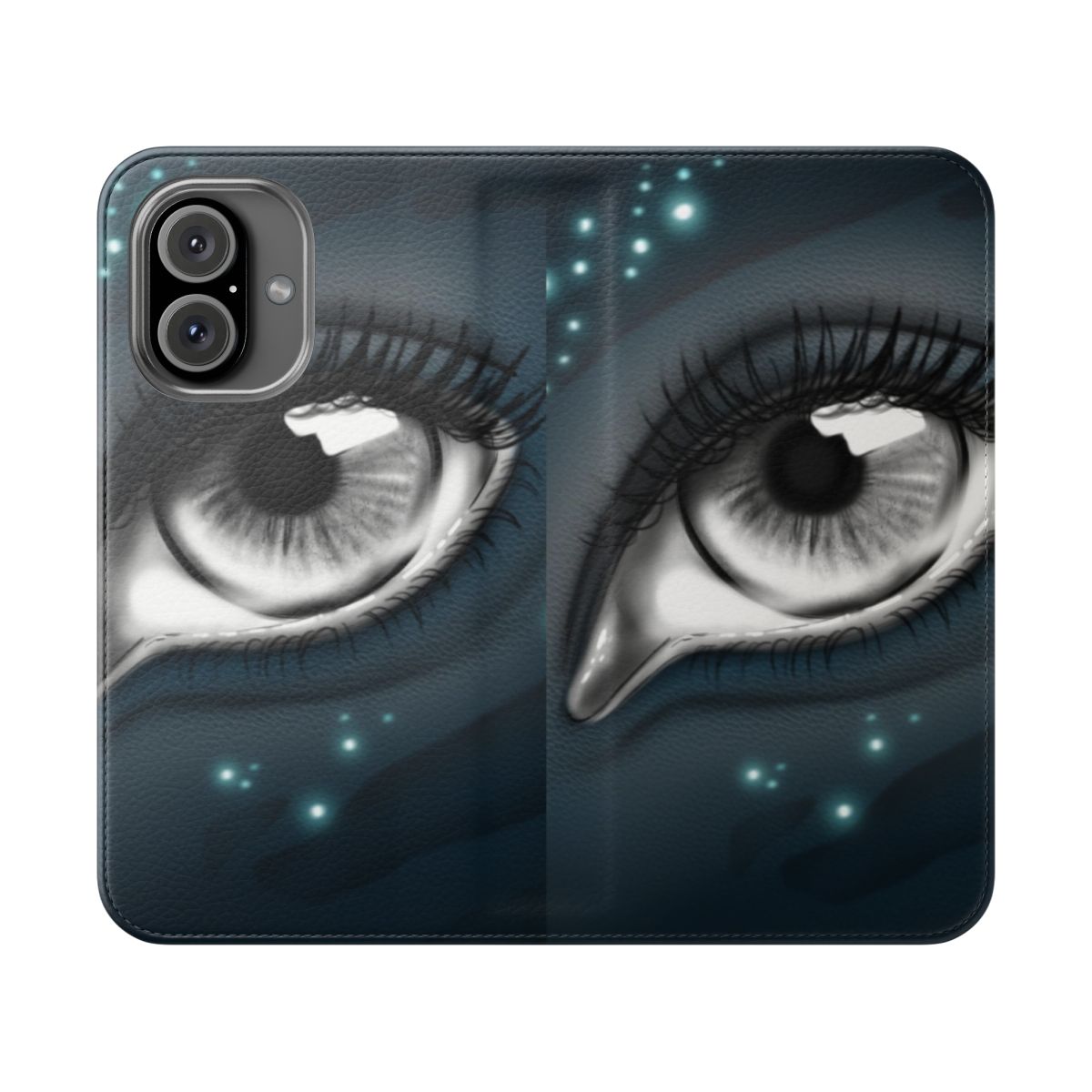 Navi-inspired flip cover phone case with intricate eye design