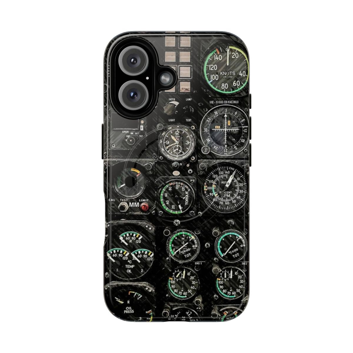 Magnetic tough aviation helicopter cockpit phone case with flight instruments and avionics