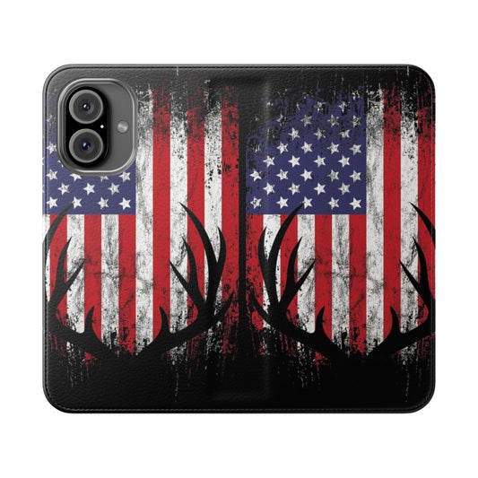 Deer hunting phone case with American flag and whitetail buck antlers design