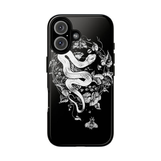 Magnetic tough phone case with a dark, mystical ink and paper graphic illustration featuring a snake, moth, and flowers.