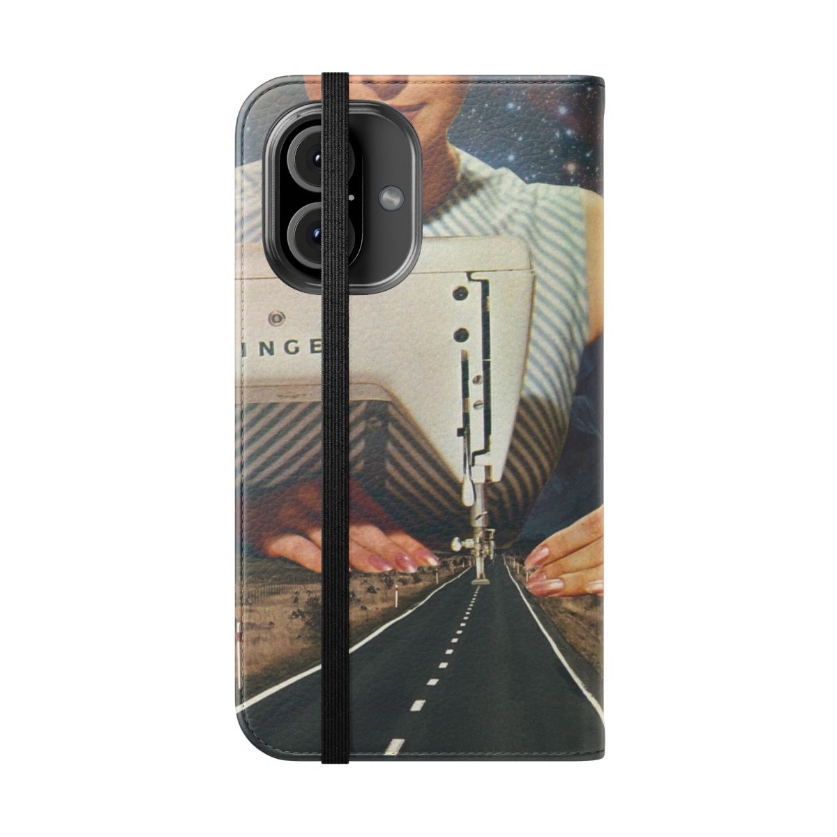 Surreal collage phone case featuring a sewing machine, road, and cosmic elements. - Folded Front