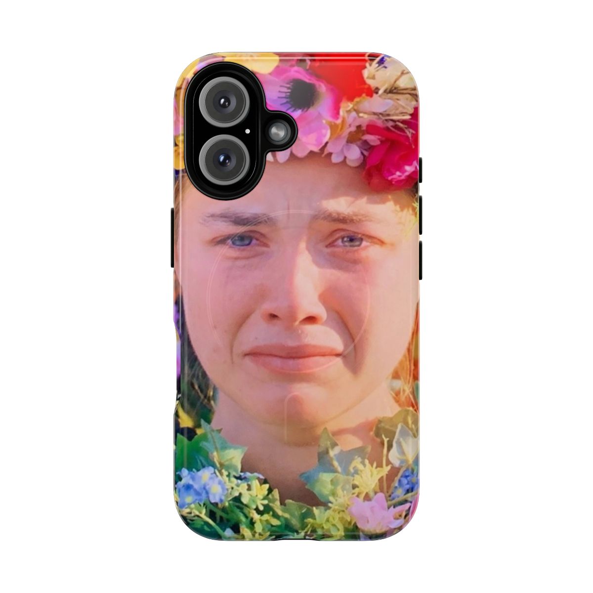 A phone case featuring the May Queen character from the horror film Midsommar, designed for fans of the movie and its star Florence Pugh.