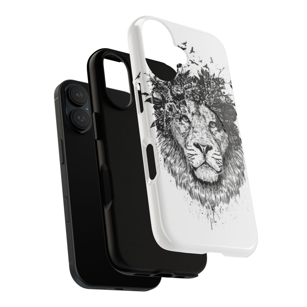 Magnetic tough phone case featuring a floral lion illustration in black and white. - Layers