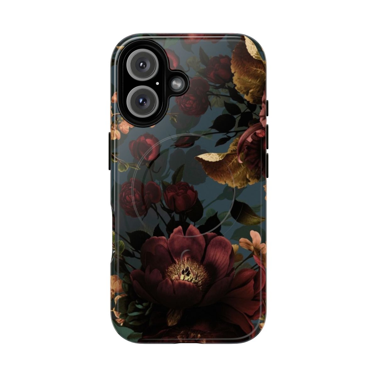 Magnetic tough phone case with a moody, mystical floral botanical pattern in dark colors.