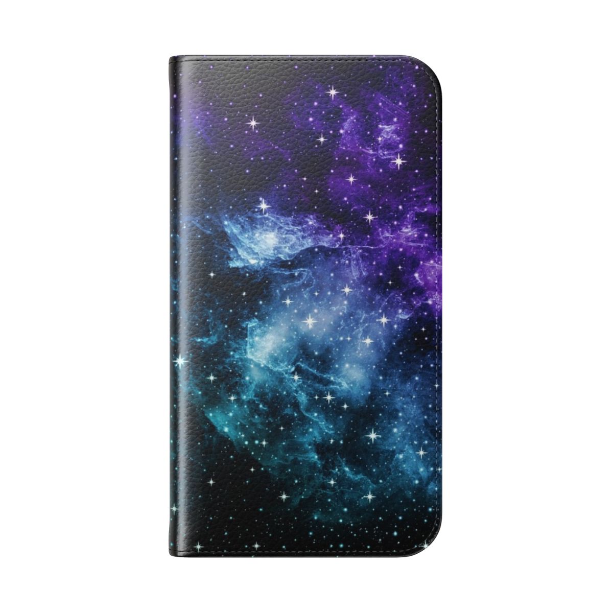 A vibrant and mesmerizing phone case cover featuring a dreamlike galaxy nebula design in shades of purple and teal. - Folded Back