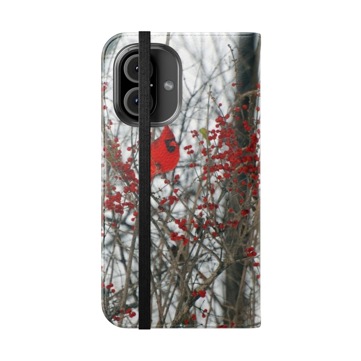 A vibrant red cardinal bird perched on a tree branch, featured on a durable phone case cover. - Folded Front