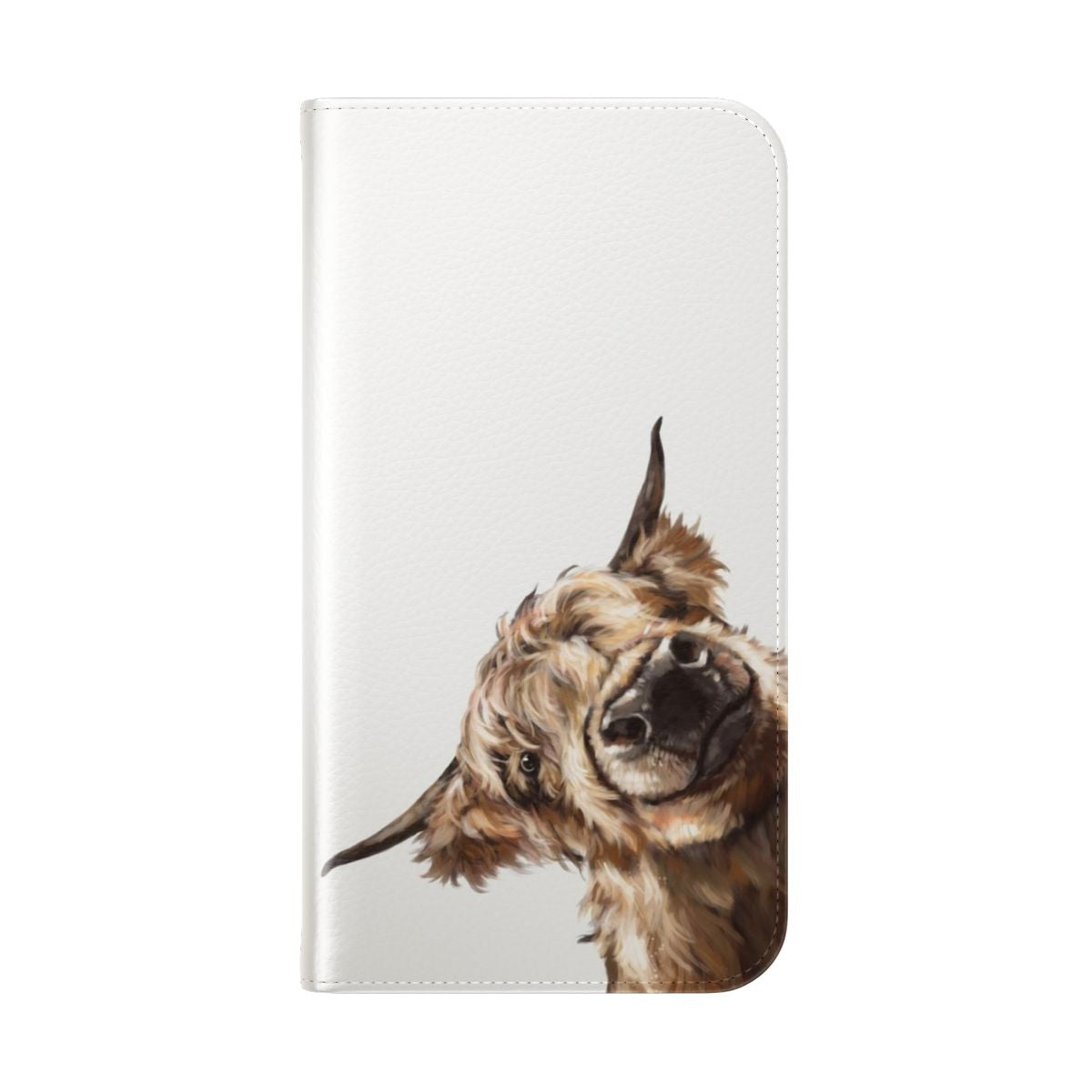 A flip cover phone case featuring a cute, sneaky-looking highland cow with a big nose. - Folded Back