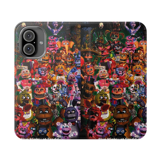 A stylish flip cover phone case with a five nights at freddys horror-themed design, featuring the iconic animatronic characters.