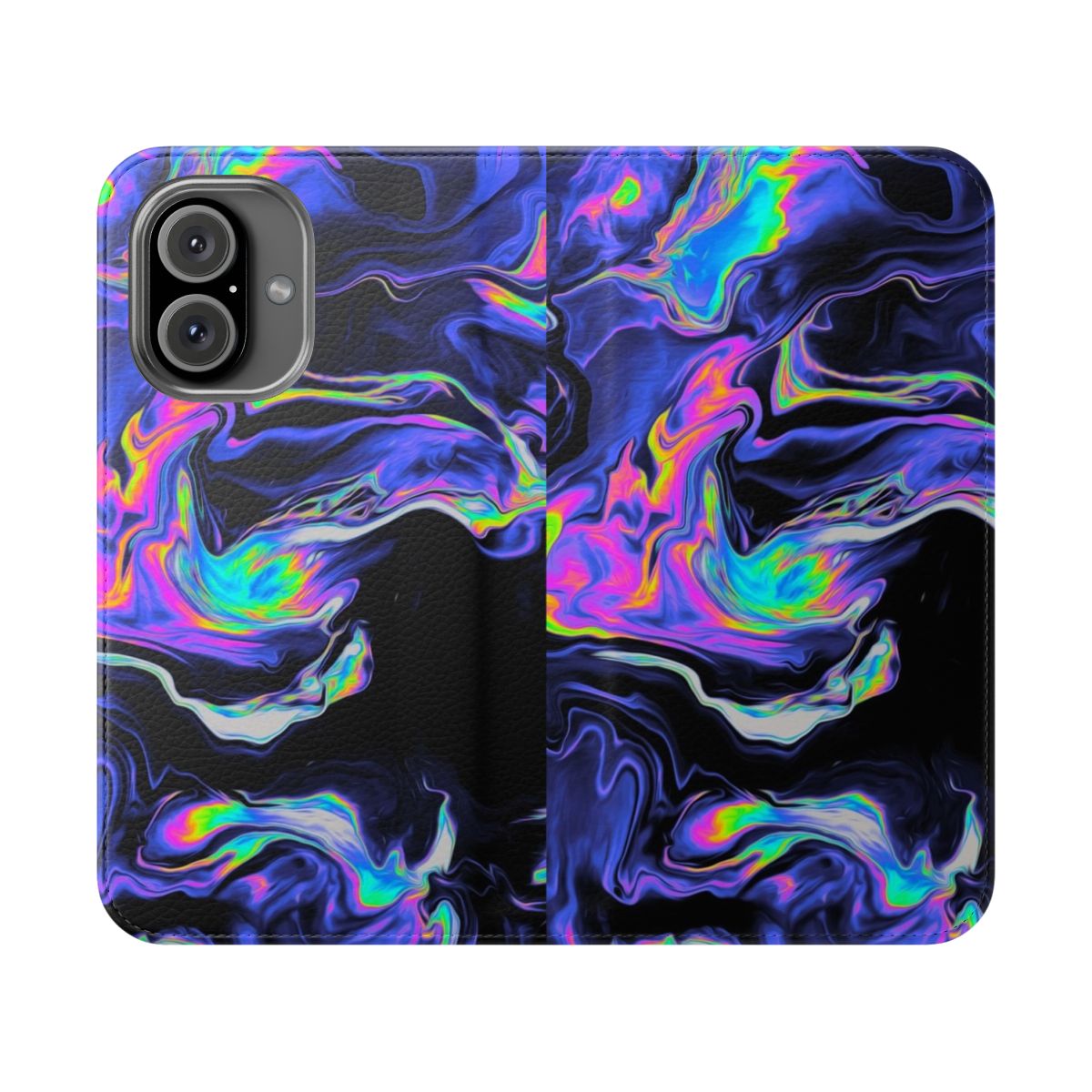 Artistic abstract phone case with fluid paint textures, geometric patterns, and vibrant colors.