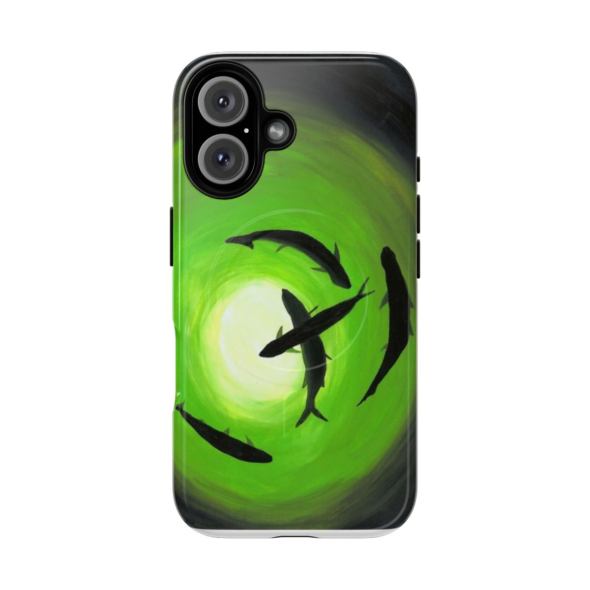 Phone case with a vibrant green swirl pattern featuring a snook fish, perfect for fishing and ocean enthusiasts.