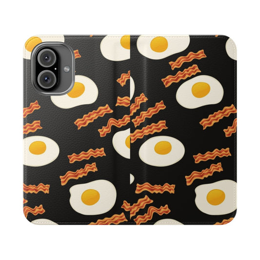 Breakfast-themed flip cover phone case featuring bacon and fried eggs