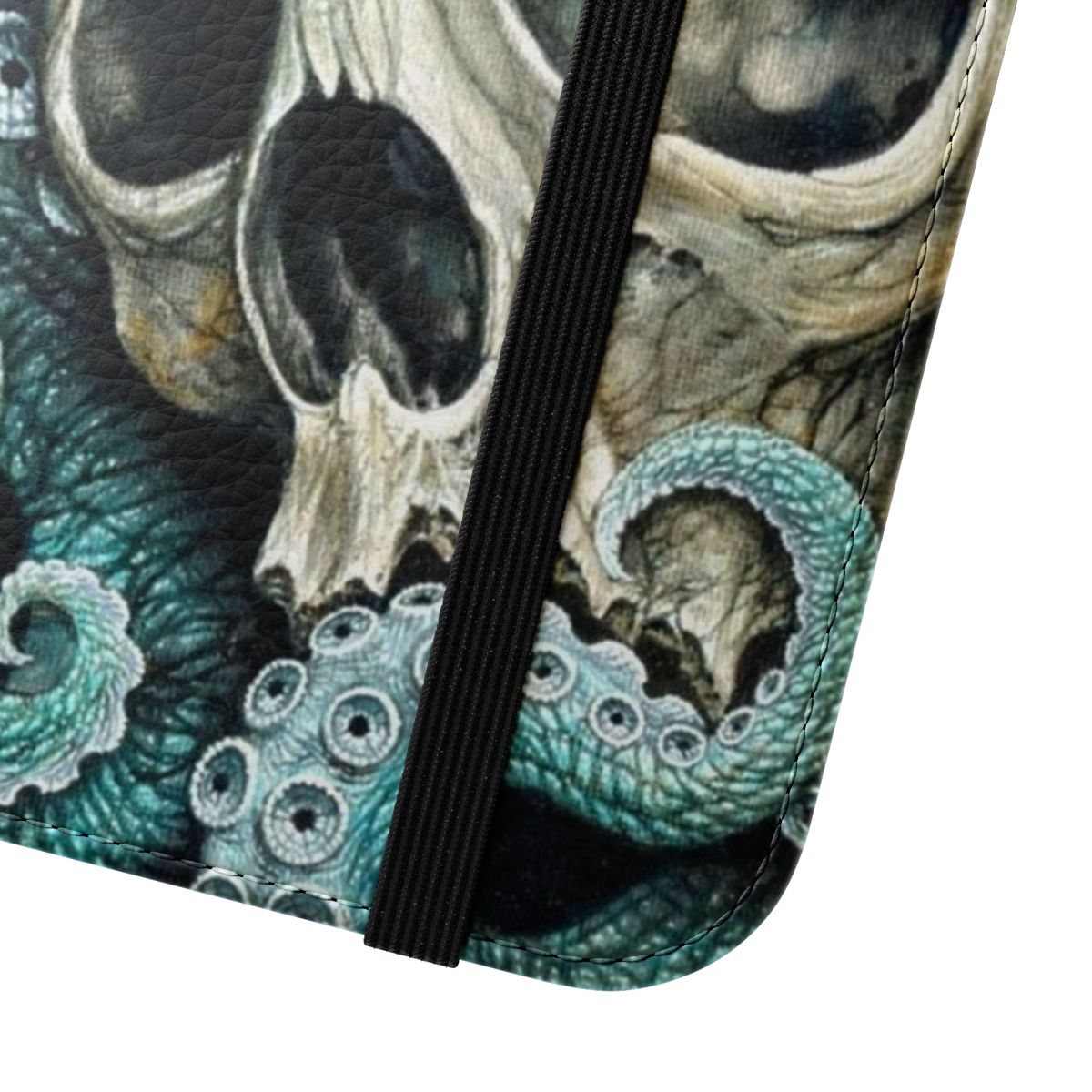 Flip cover phone case featuring a dark, moody oil painting of a skull and octopus tentacles. - Close Up