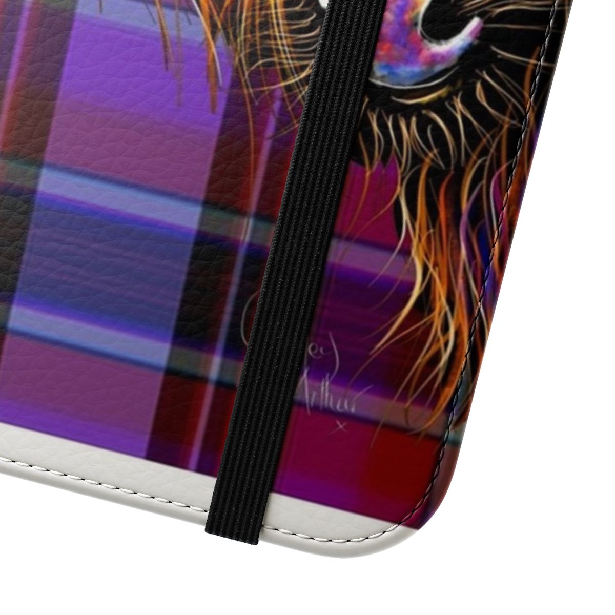 A colorful phone case featuring a friendly highland cow in a traditional tartan pattern - Close Up