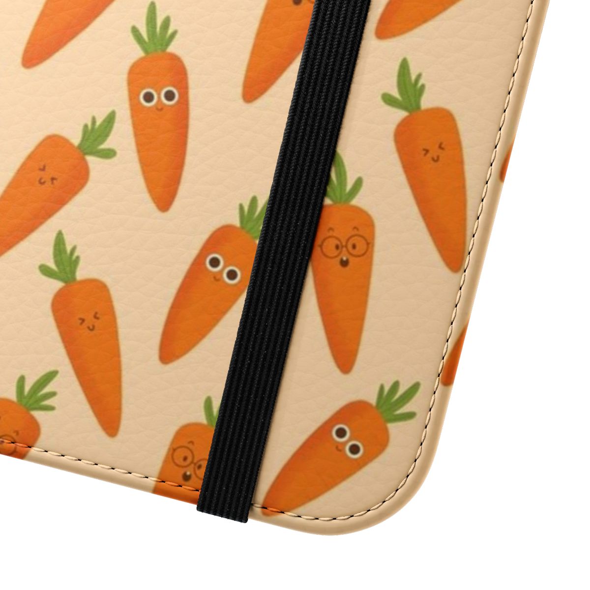 An orange cartoon carrot-themed flip cover phone case - Close Up