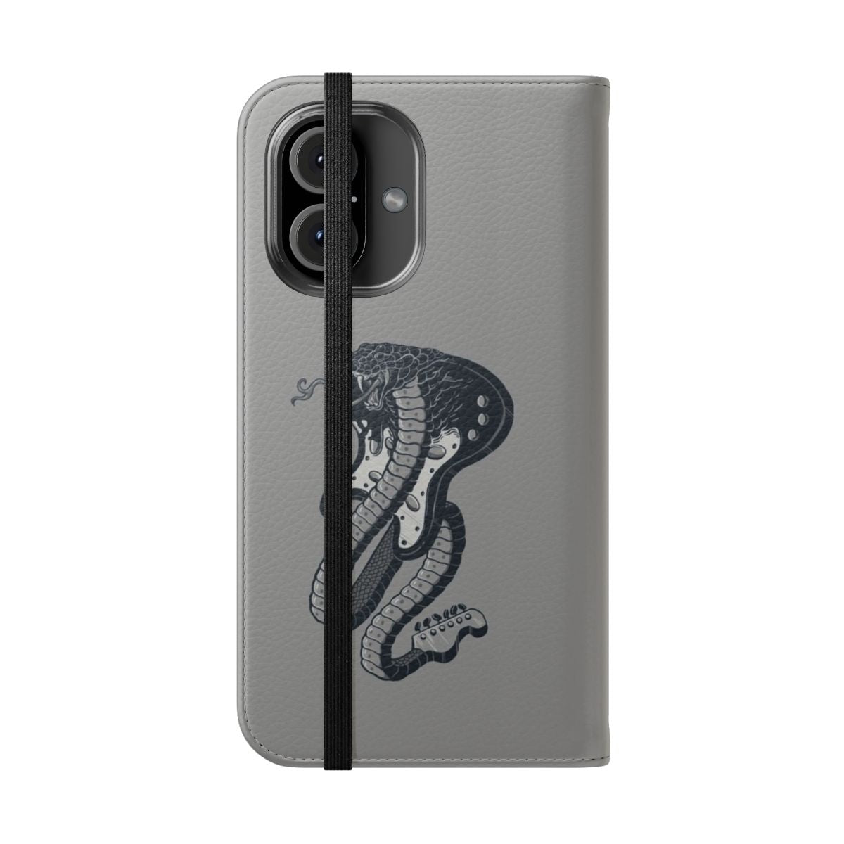 A sleek flip phone case with a snake and guitar design, perfect for music and heavy metal fans. - Folded Front