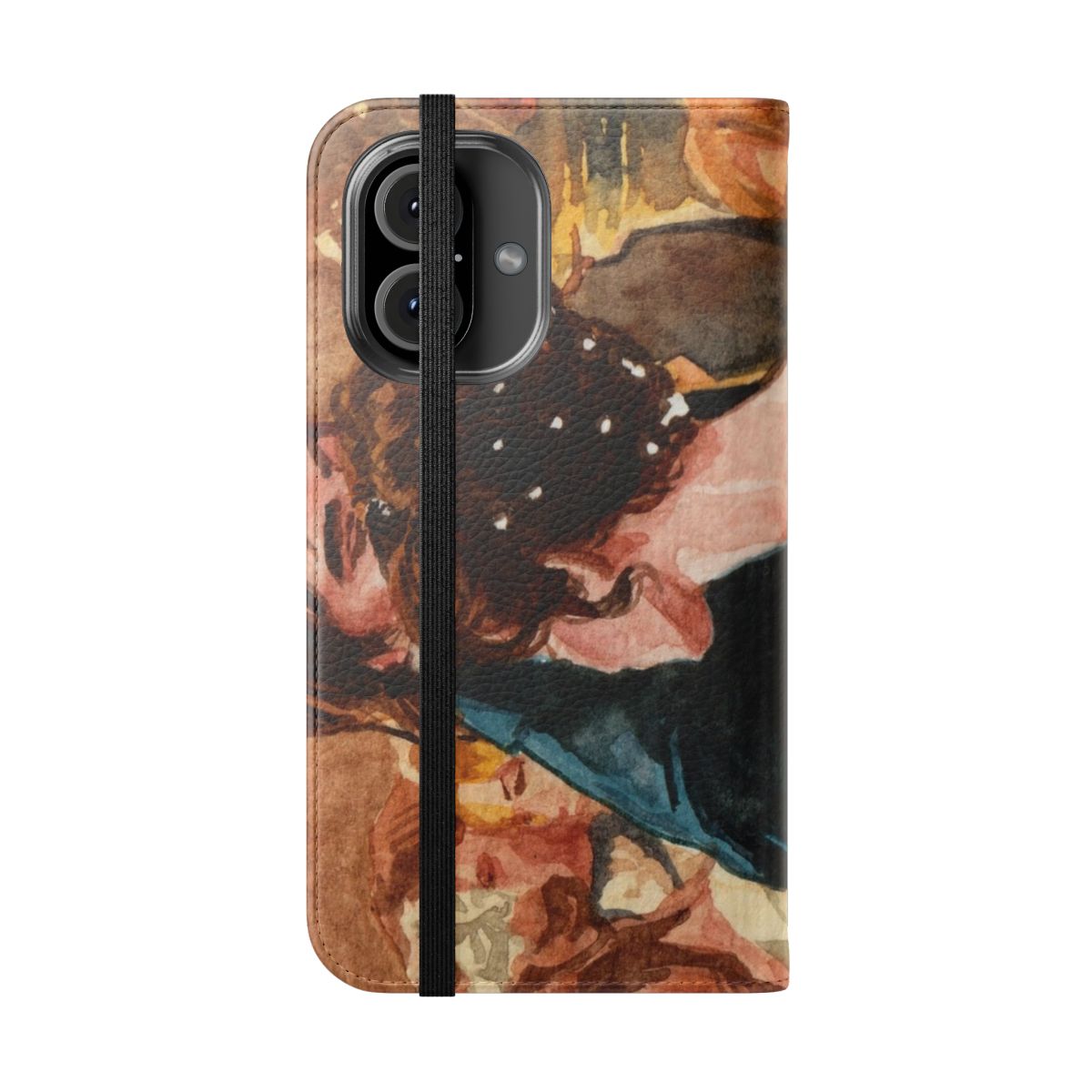 Flip cover phone case featuring a watercolor illustration inspired by Jane Austen's classic novel Pride and Prejudice. - Folded Front