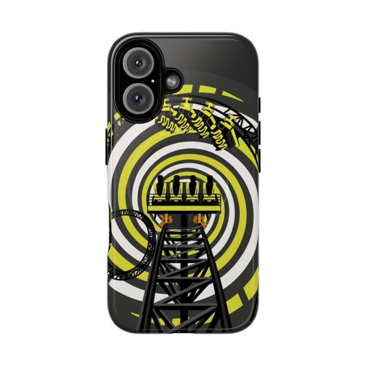 Black and yellow phone case featuring a Smile Forever design, inspired by the Gerstlauer Infinity coaster at Alton Towers theme park.