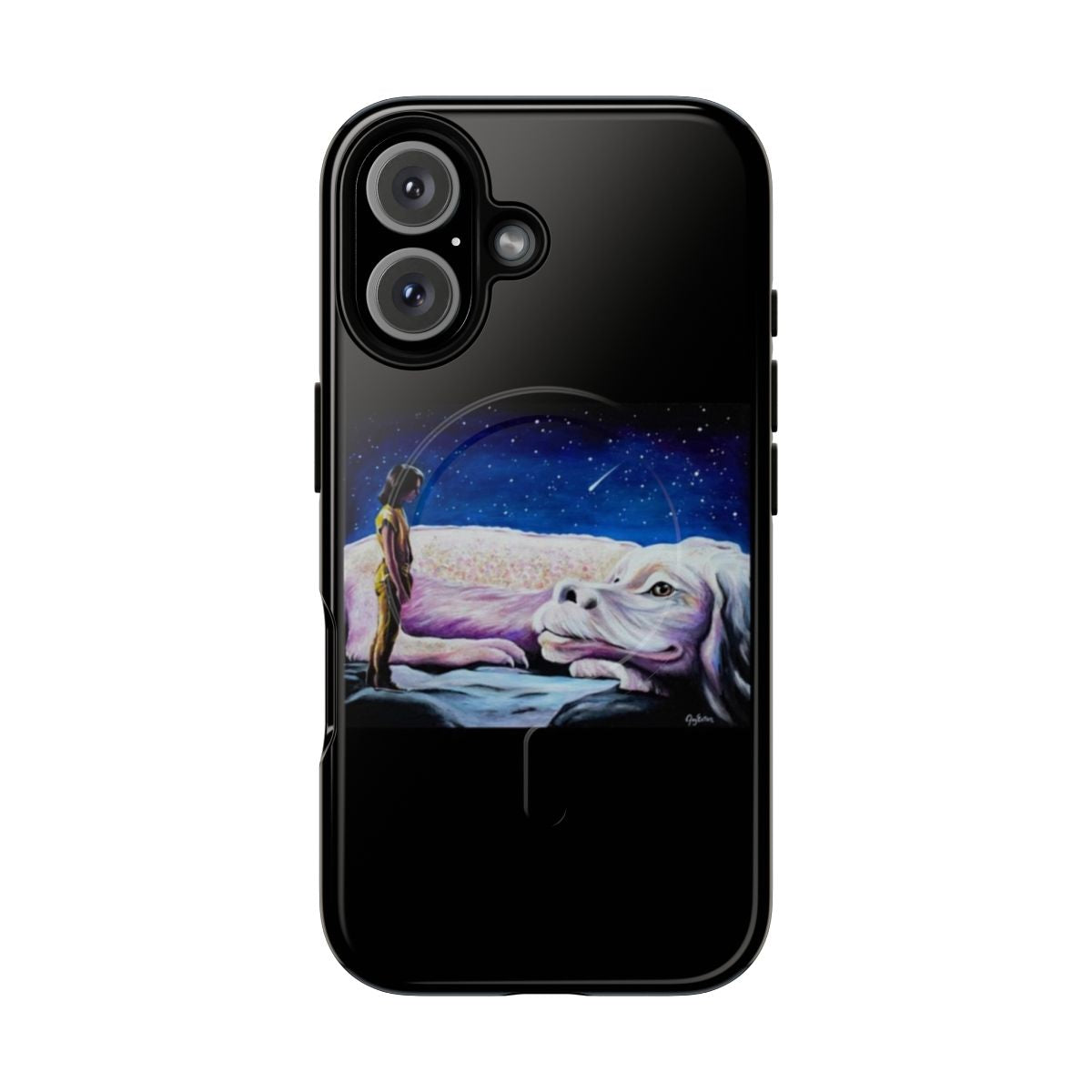 Magnetic phone case featuring Falkor the luck dragon and other iconic elements from the classic fantasy film "The NeverEnding Story"