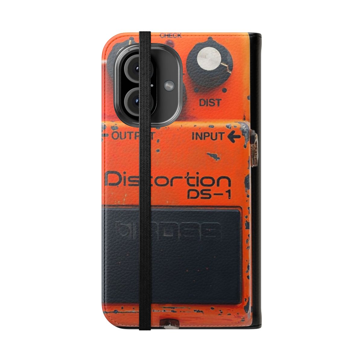 Flip cover phone case with guitar-inspired distortion pedal and pedalboard design - Folded Front