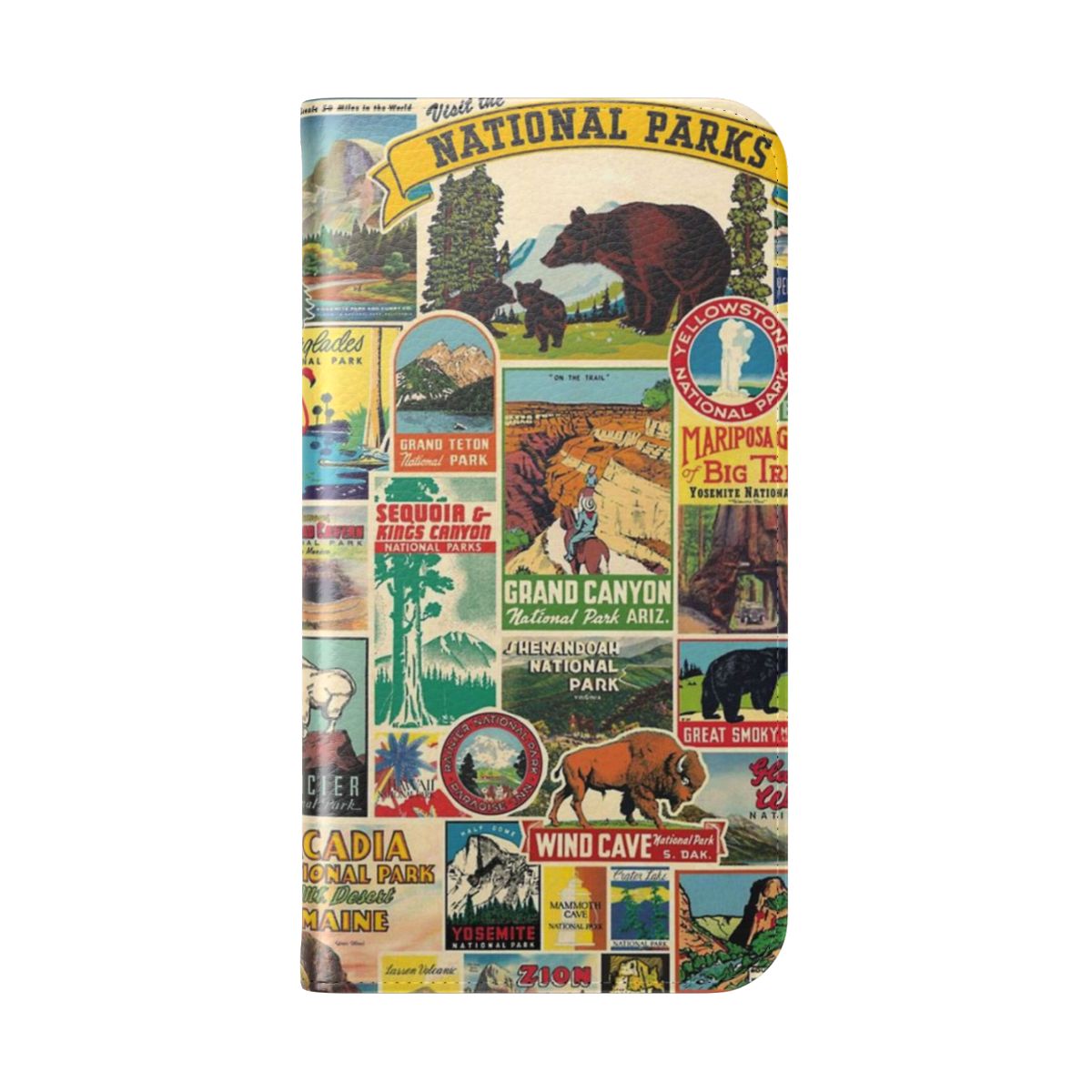 A flip cover phone case showcasing stunning landscapes and wildlife from national parks across the United States. - Folded Back