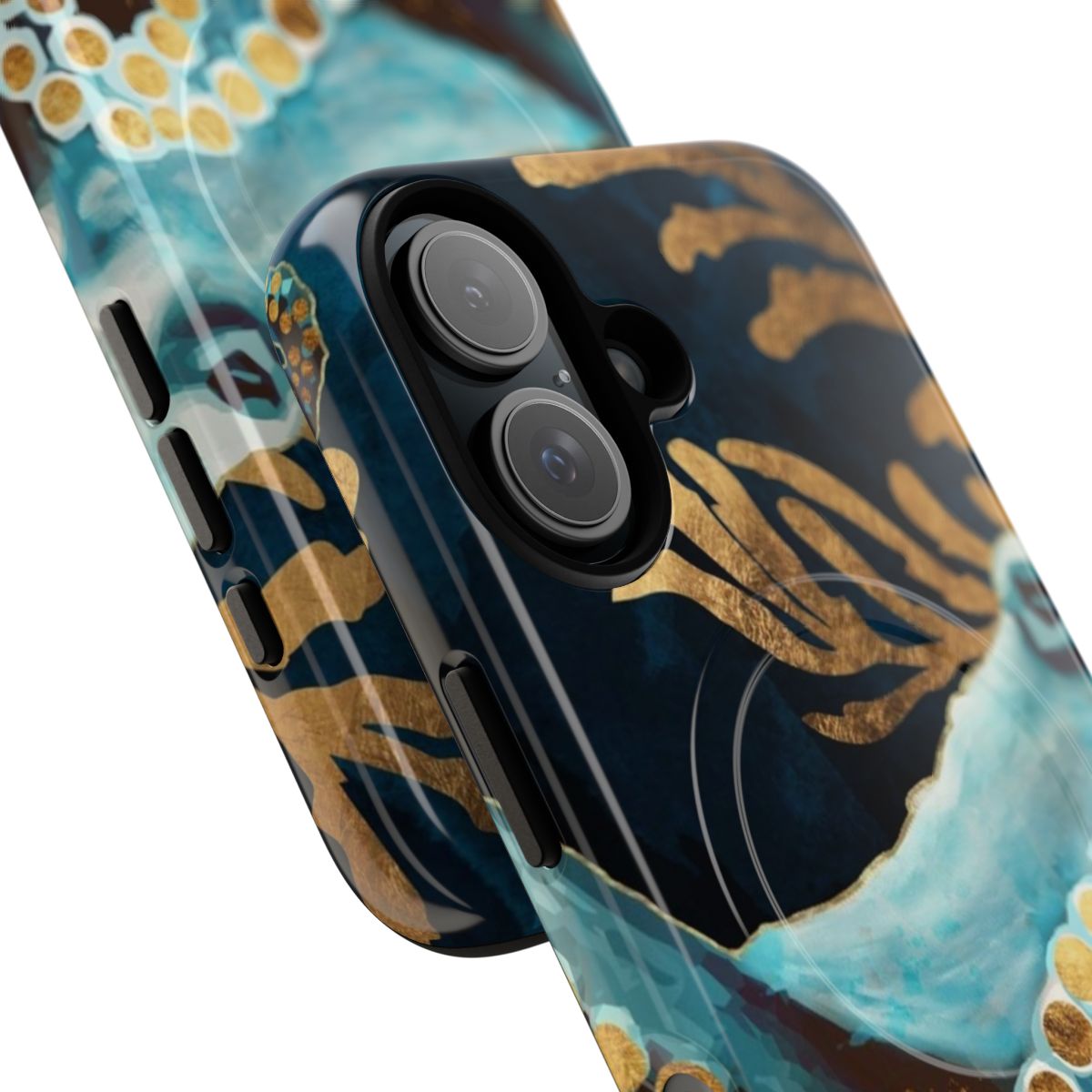 Indigo and gold octopus tentacles on a phone case with a contemporary abstract design - Detail