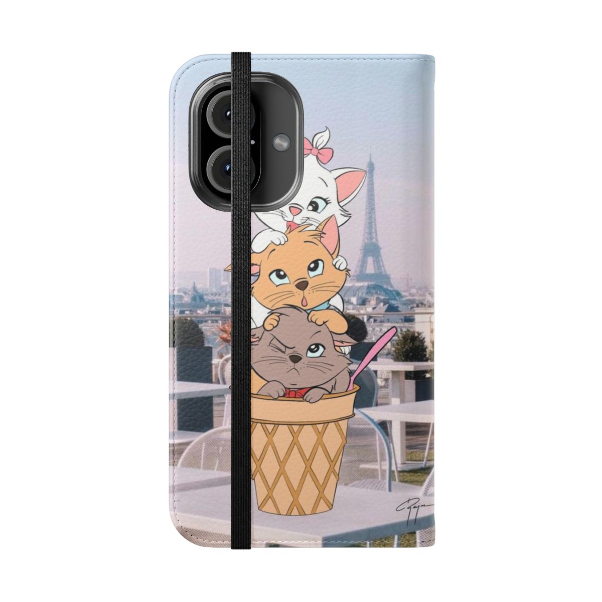 A phone case featuring the beloved Disney characters Marie, Toulouse, and Berlioz from the Aristocats, set against the backdrop of Paris. - Folded Front