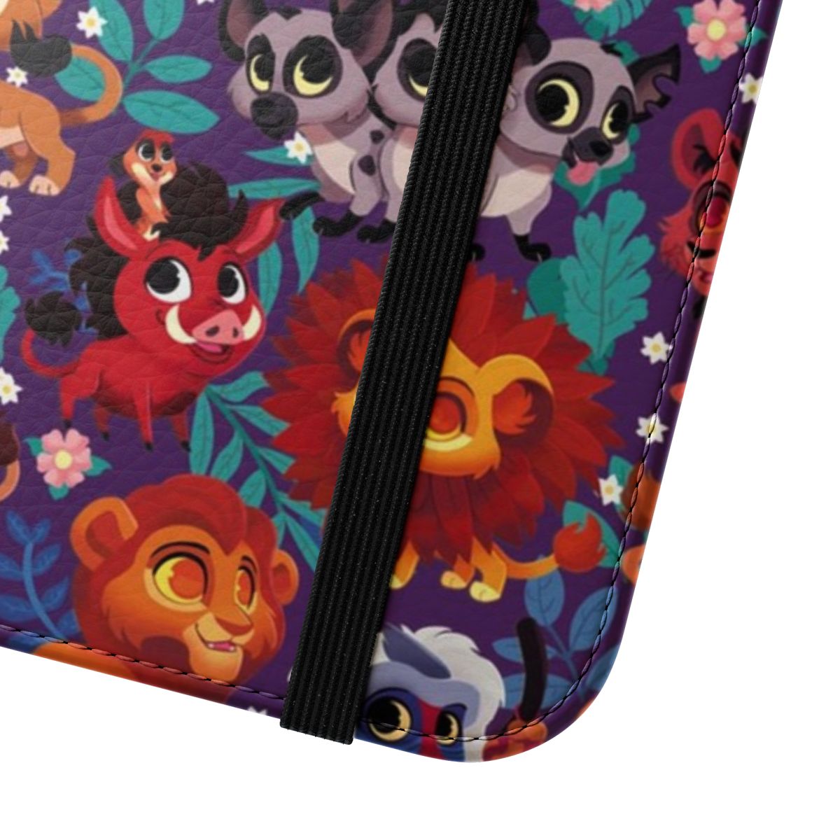 Cute and colorful flip phone case with a cartoon lion king pattern design - Close Up