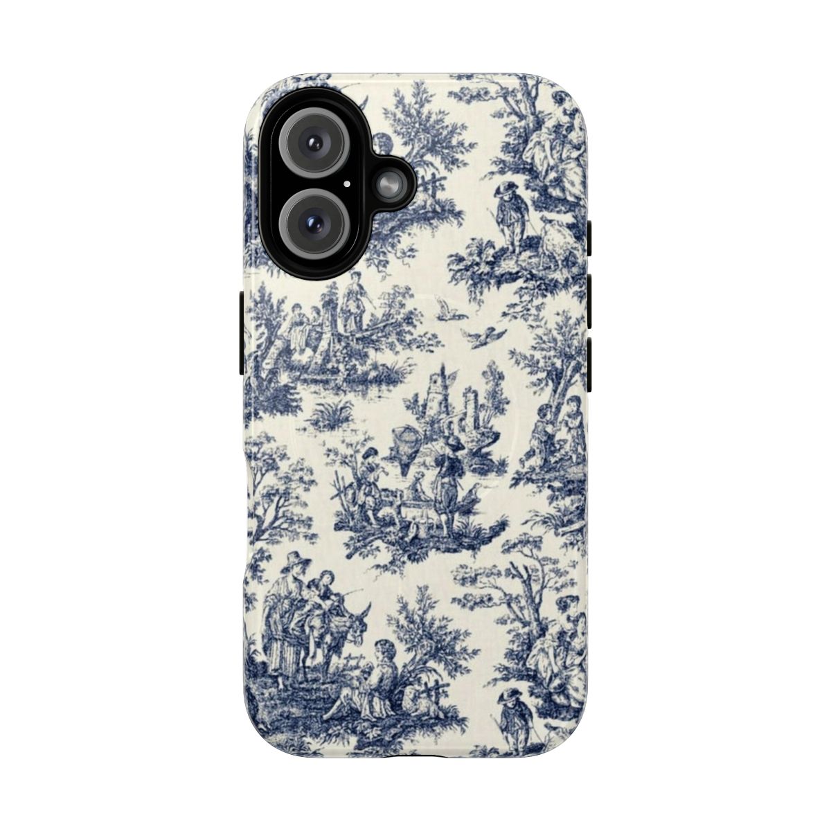 Vintage French-style toile de jouy pattern on a navy blue and white phone case cover