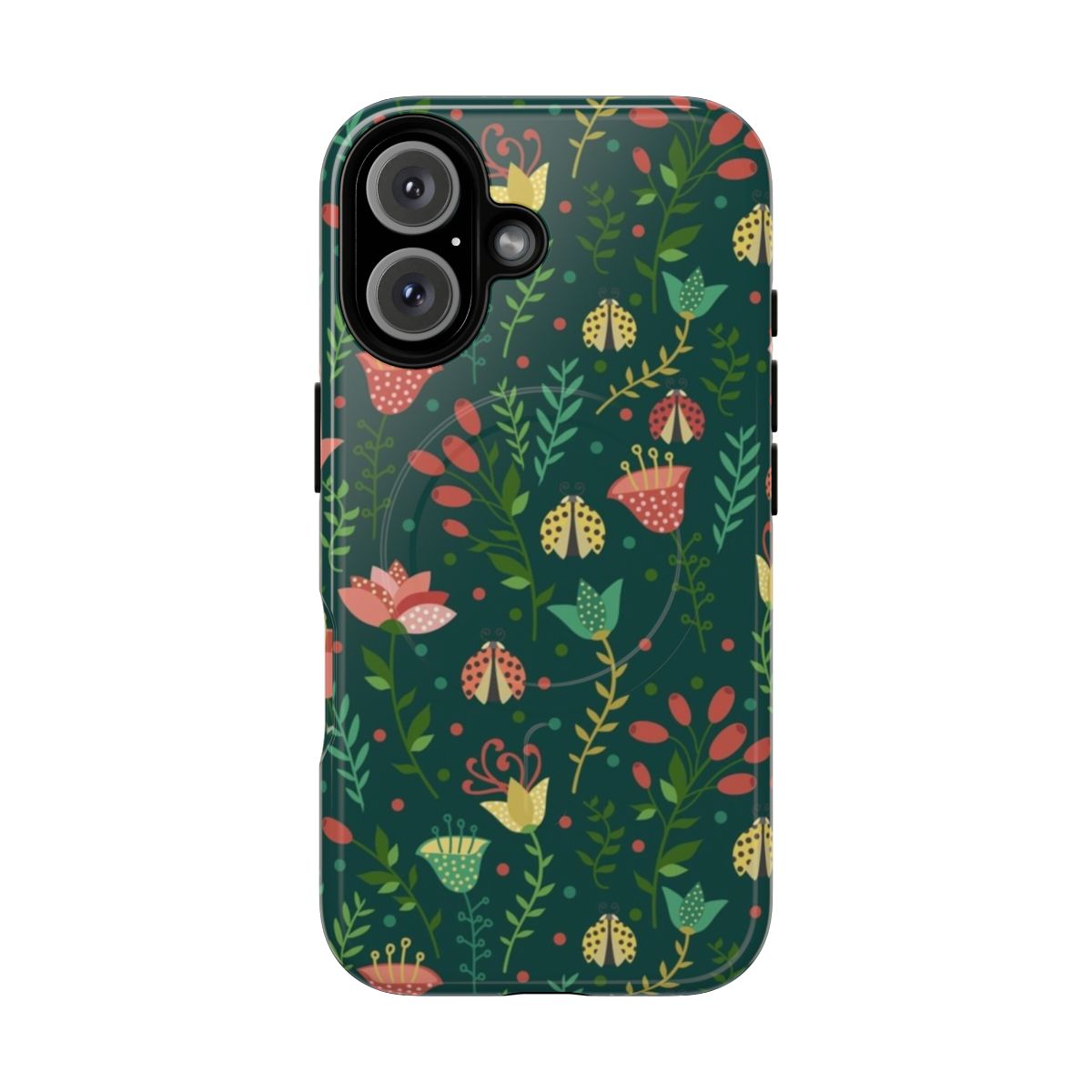 Vibrant floral pattern phone case with flowers, leaves, and ladybugs against a colorful background.