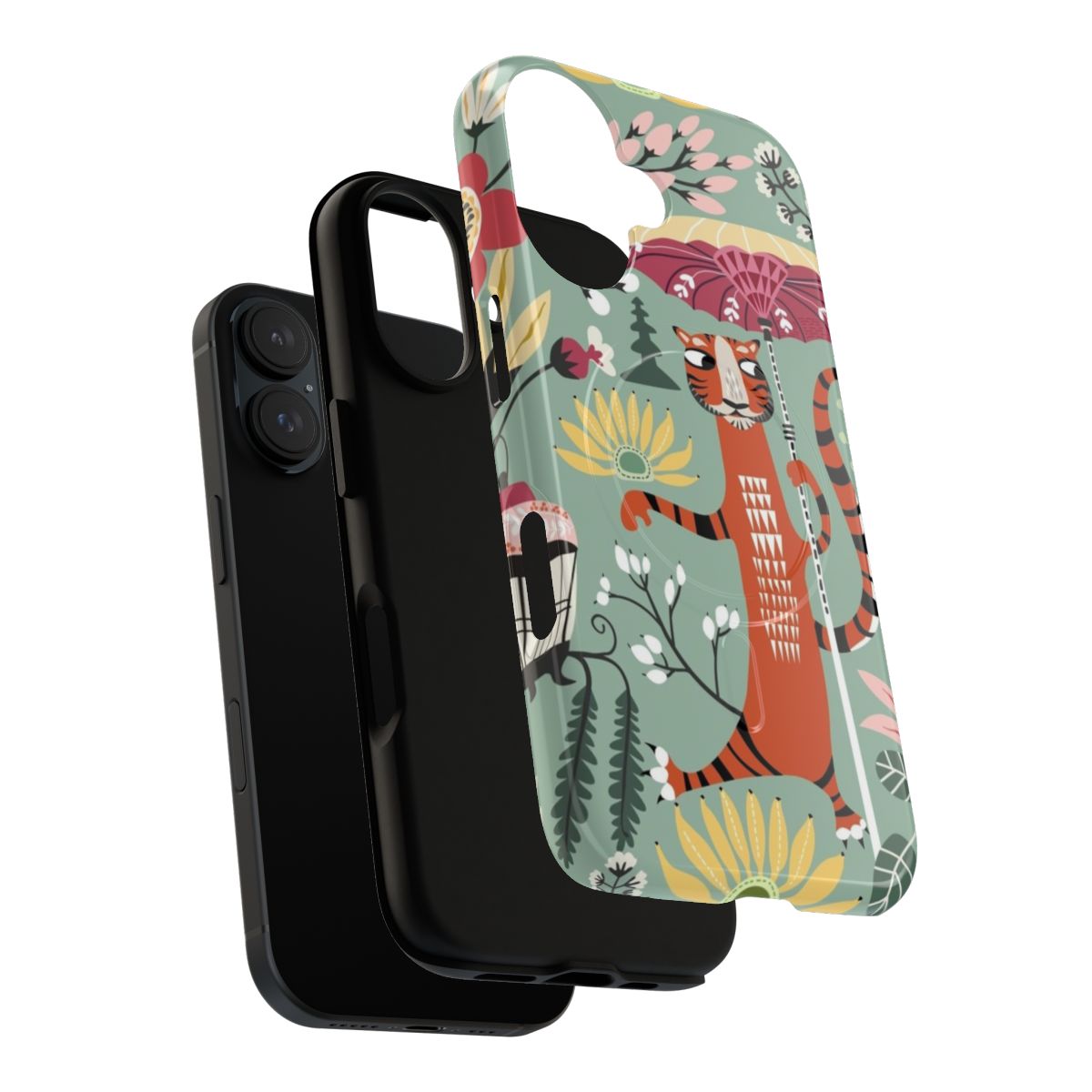 Colorful phone case featuring a tiger in a tropical garden setting - Layers