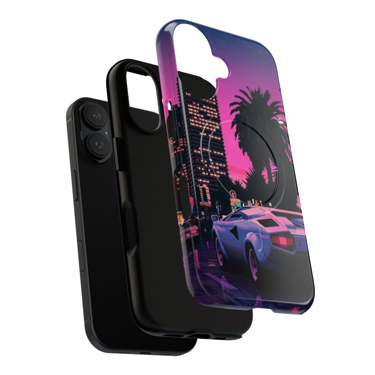 Retro aesthetic art phone case featuring a vaporwave-inspired city skyline with palm trees and neon grid - Layers