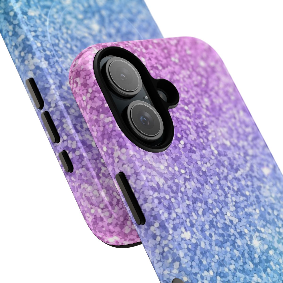 Vibrant purple, blue, and turquoise ombre phone case with glittery, sparkly gradient design - Detail