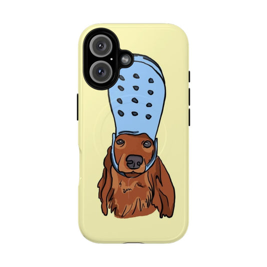 Sausage dog wearing crocs on a phone case