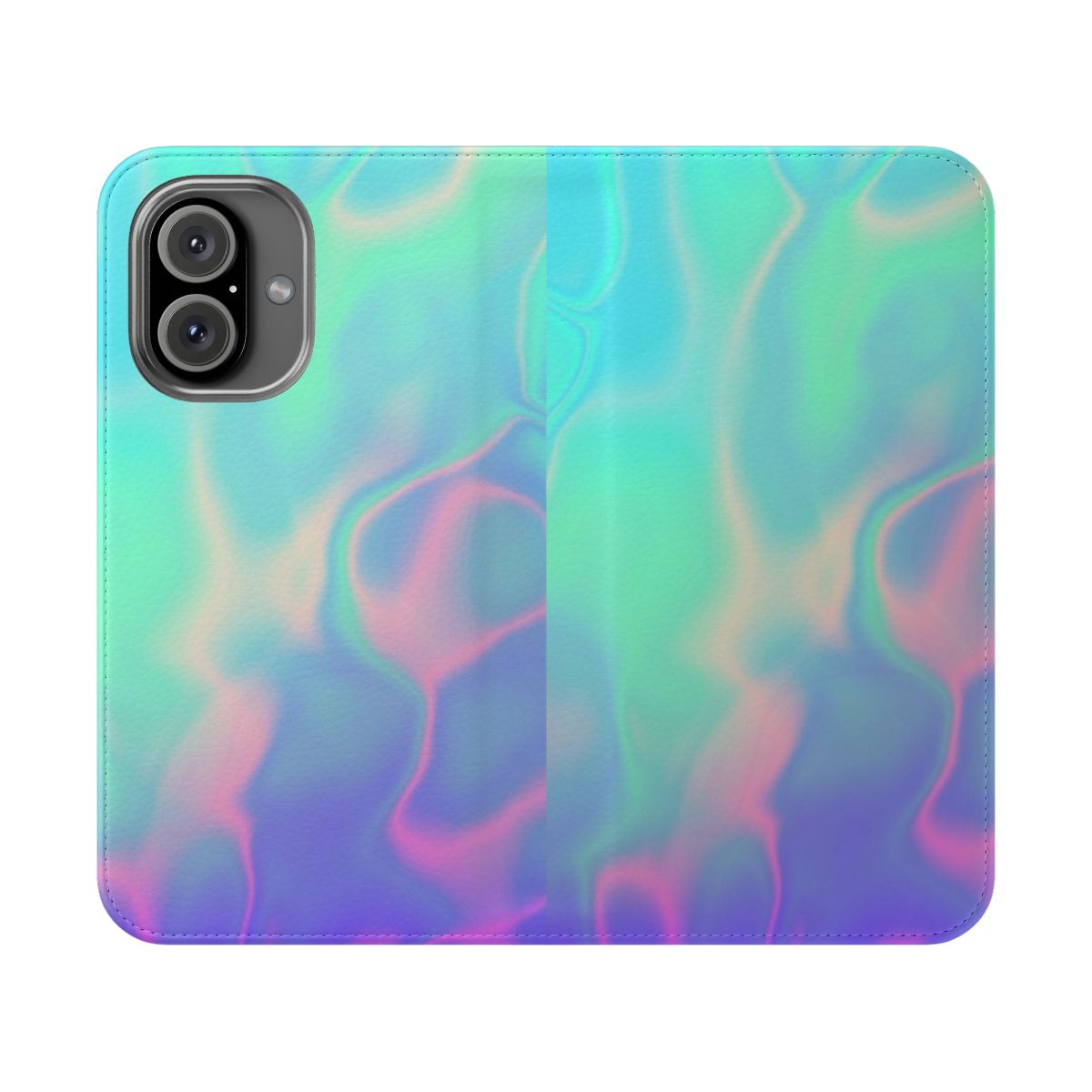 Vibrant rainbow-colored holographic and iridescent flip cover phone case