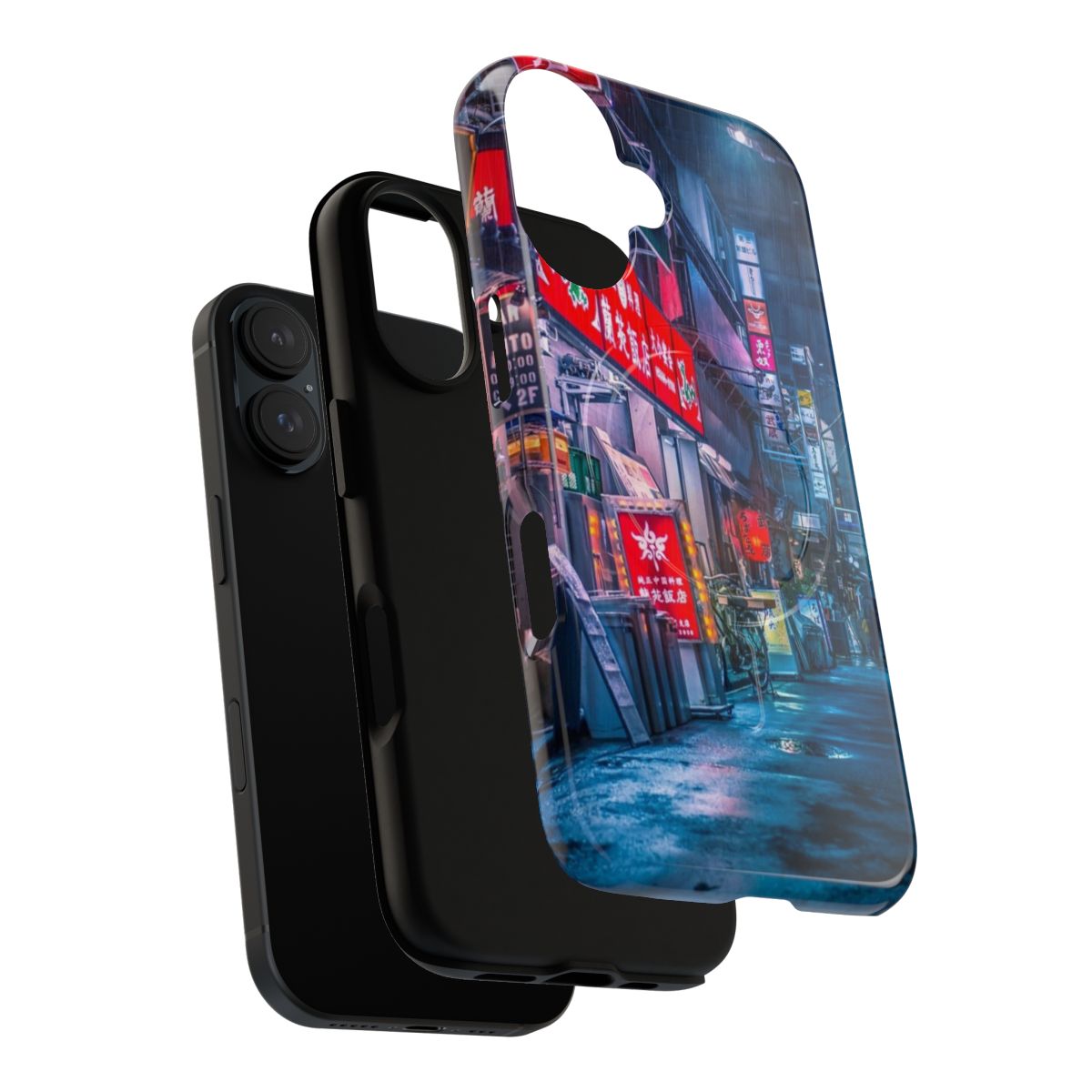 A heavy rain-inspired cyberpunk phone case featuring neon lights and a futuristic aesthetic. - Layers