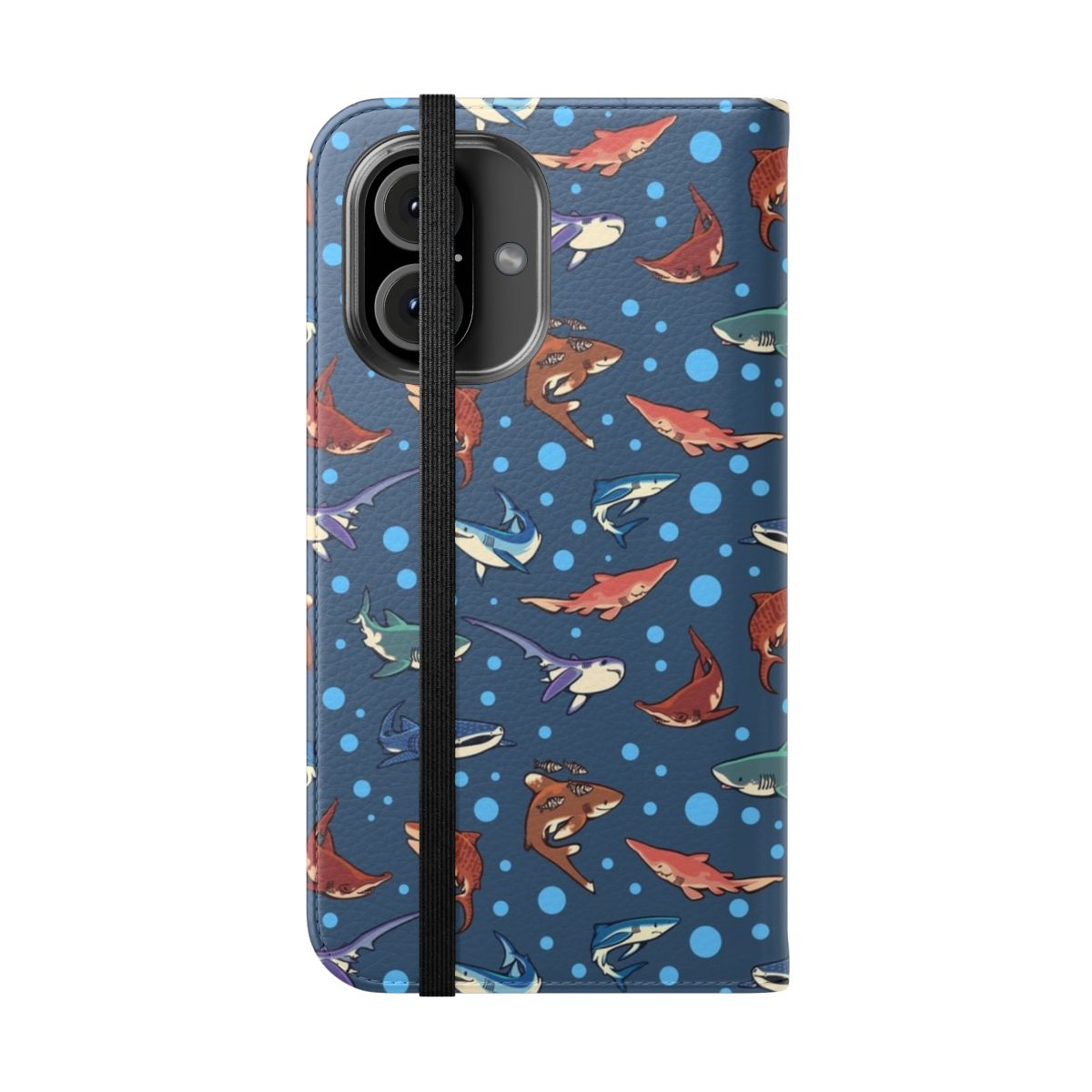 Sharks in the Deep Blue Phone Case, featuring various shark species swimming in a dark blue ocean pattern. - Folded Front