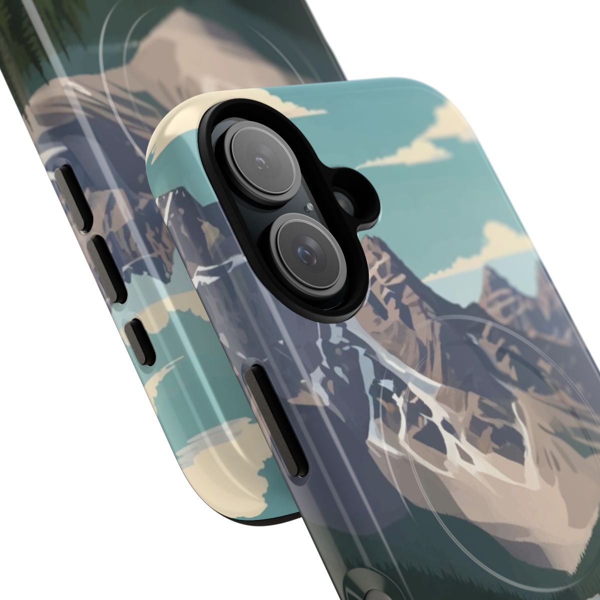 Phone case featuring a breathtaking photograph of Moraine Lake in the Canadian Rockies - Detail