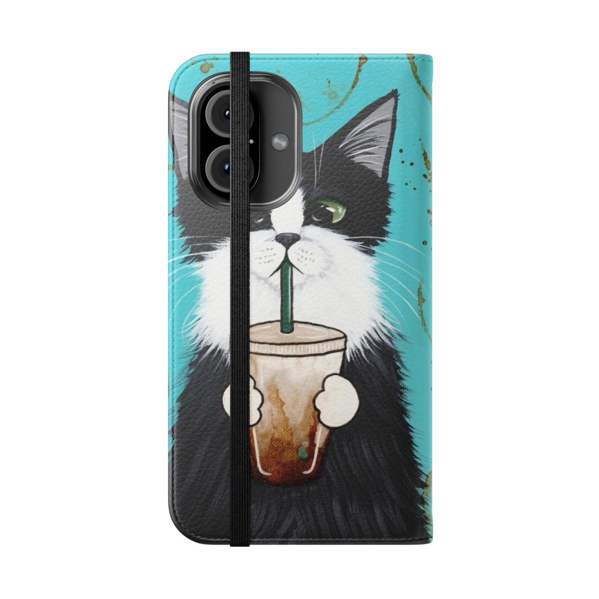 Tuxedo cat sitting on a coffee mug with iced coffee, printed on a flip phone case - Folded Front