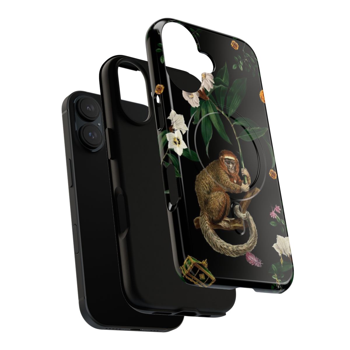 A stylish magnetic phone case featuring a beautiful monkey and floral design, perfect for nature enthusiasts. - Layers