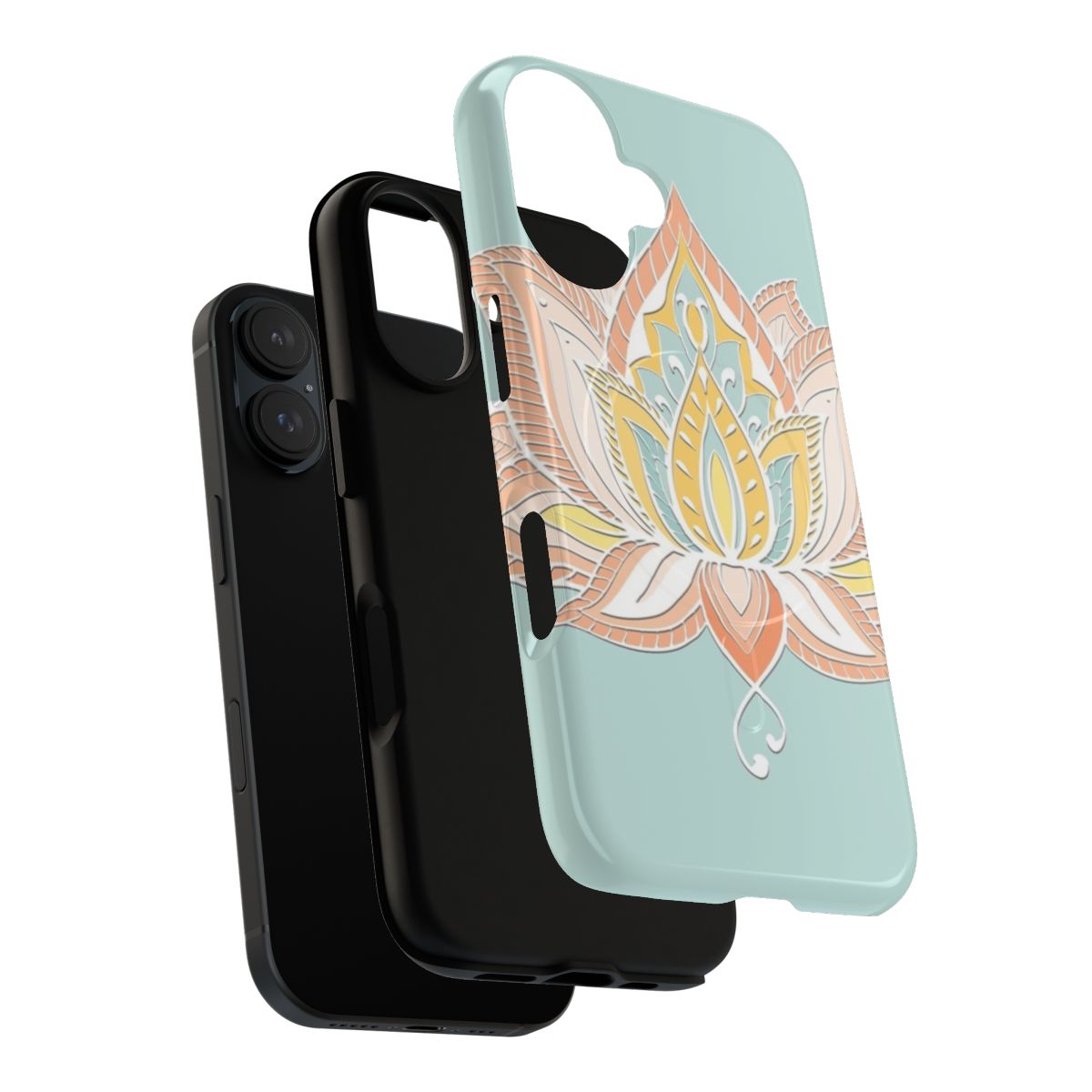 Peach, butterscotch yellow, and green lotus mandala design on a magnetic tough phone case - Layers