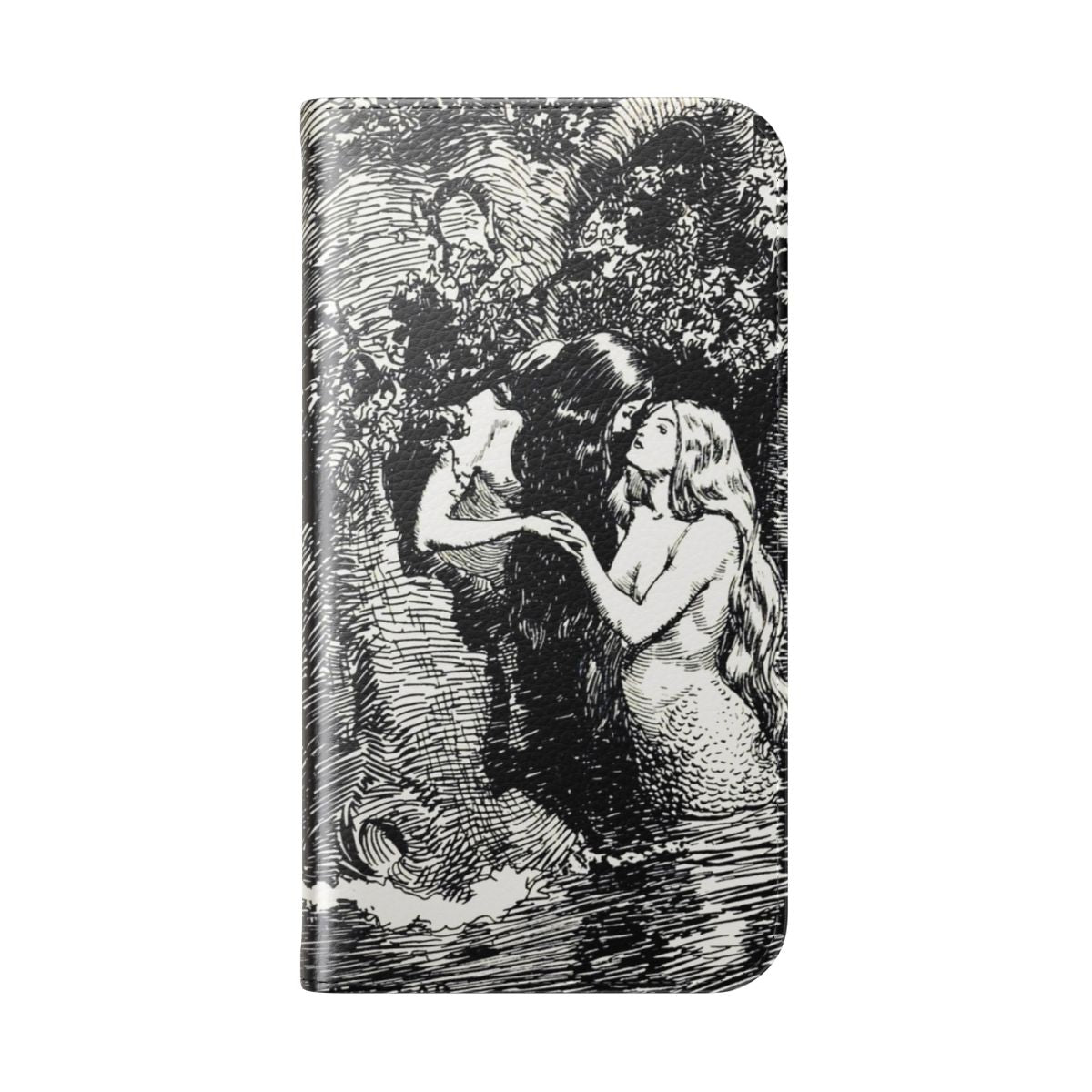 Illustration of two women, a nymph and a dryad, embracing in a mystical forest setting. - Folded Back