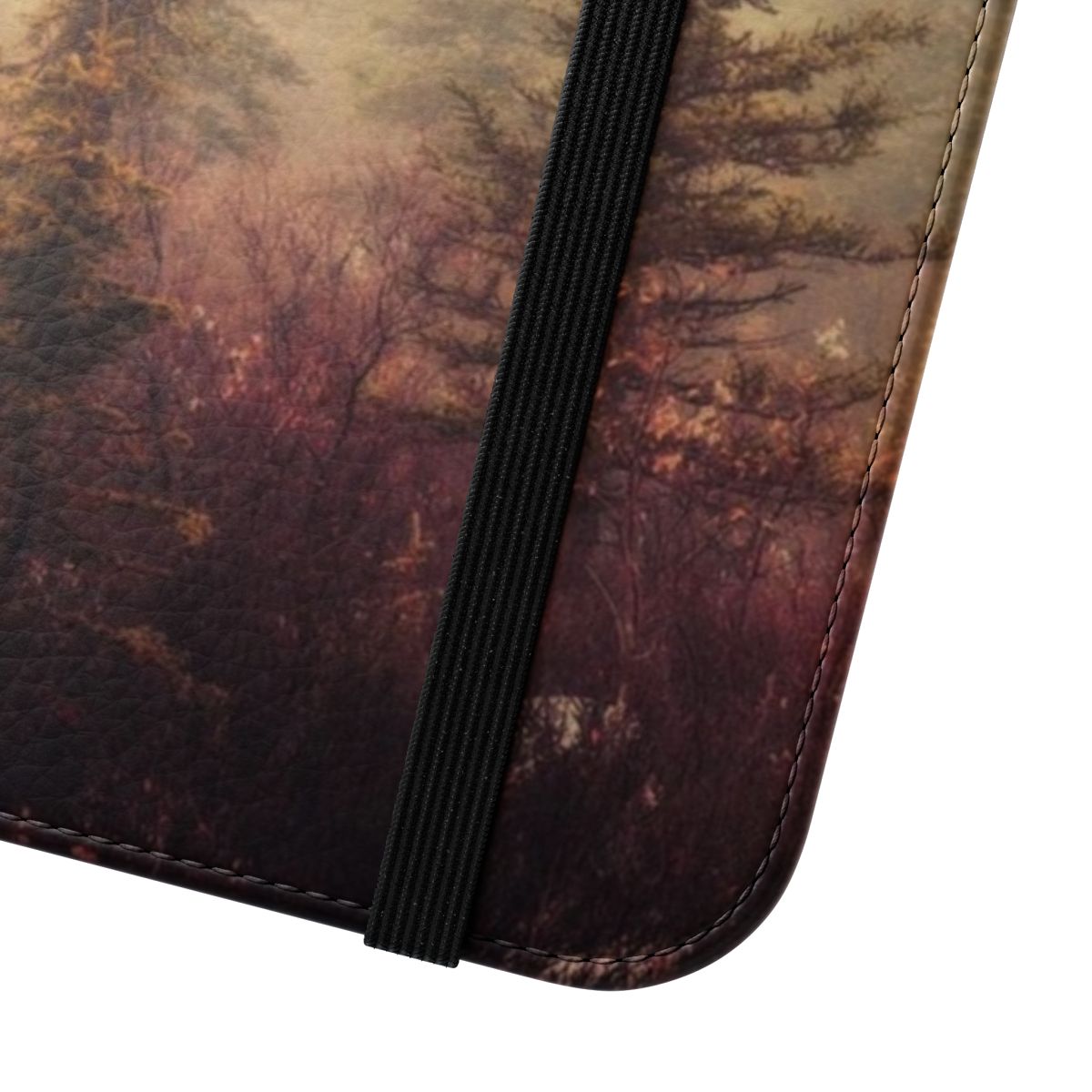 Flip phone case featuring a misty forest scene with trees and greenery - Close Up