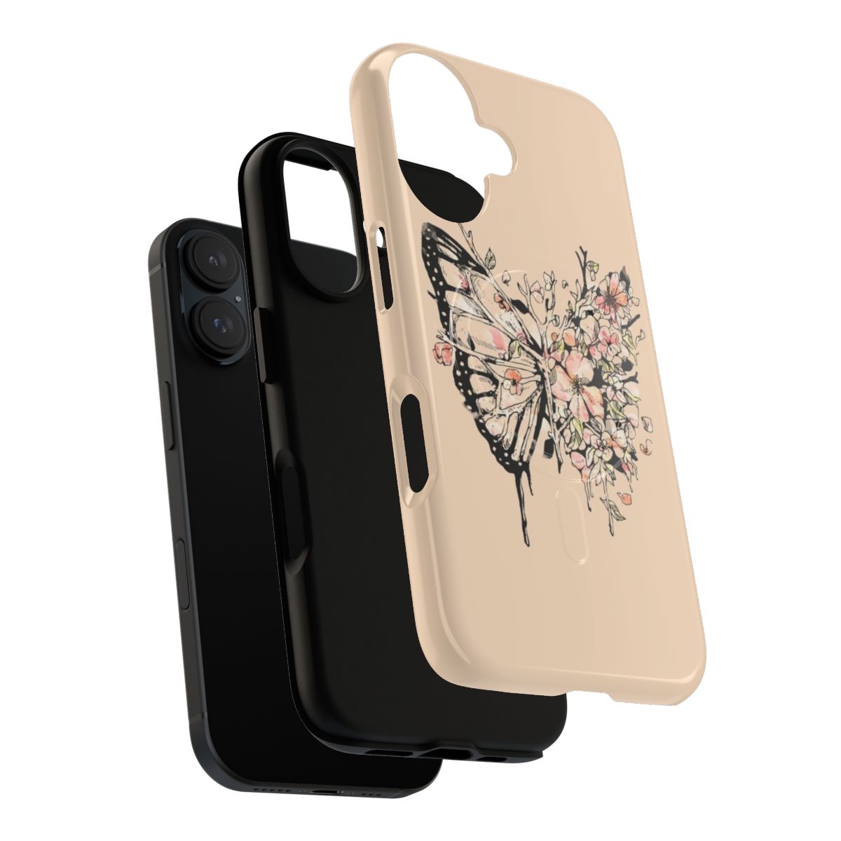 A phone case featuring a watercolor-style design of butterflies, flowers, and leaves in a surreal, metamorphosis-inspired style. - Layers