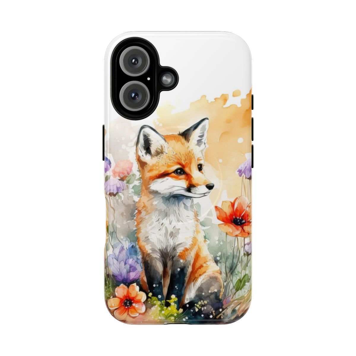 Realistic watercolor painting of a cute baby fox sitting amongst colorful flowers on a magnetic tough phone case