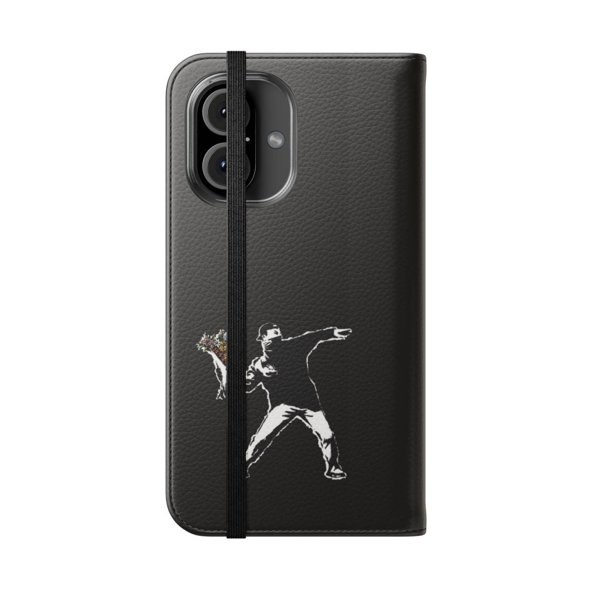 Banksy-inspired graffiti design with protester throwing flowers on a black background, printed on a high-quality phone case. - Folded Front